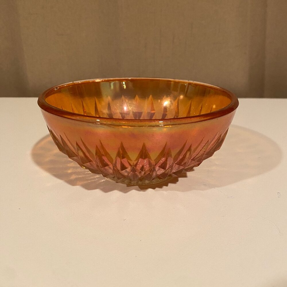 Vintage Pink Carnival Glass Bowl 5” Iridescent Diamond Cut‎ Candy Dish